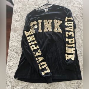 VS PINK Black Bling Oversized Long Sleeve Campus Tee Shirt Medium